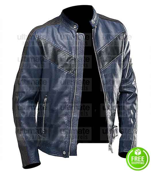 CAFE RACER NAVY BLUE LEATHER MOTORCYCLE JACKET