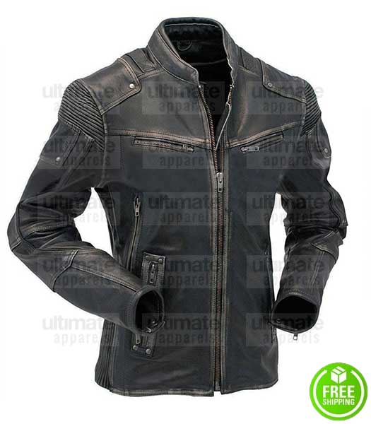 MEN'S CAFE RACER VINTAGE BLACK DISTRESSED MOTO LEATHER JACKET