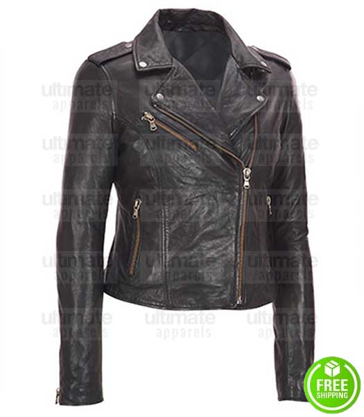 WOMEN'S LAMBSKIN BLACK BIKER LEATHER JACKET