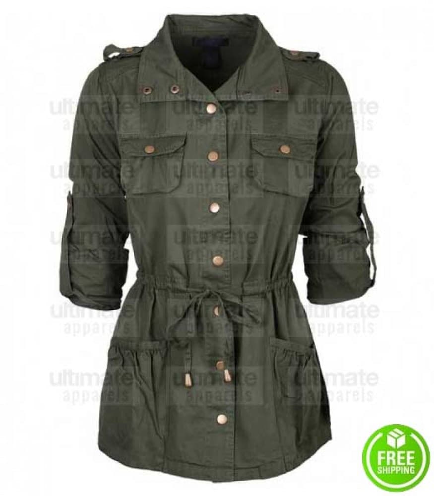 WOMEN'S BELTED GREEN MILITARY COTTON COAT