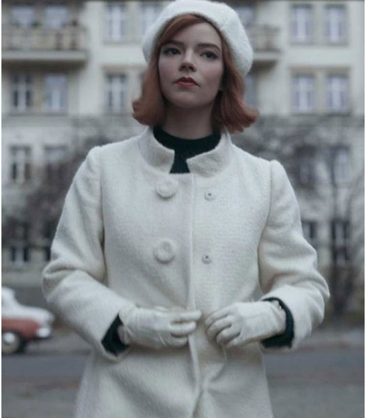 THE QUEEN'S GAMBIT BETH HARMON WHITE COAT