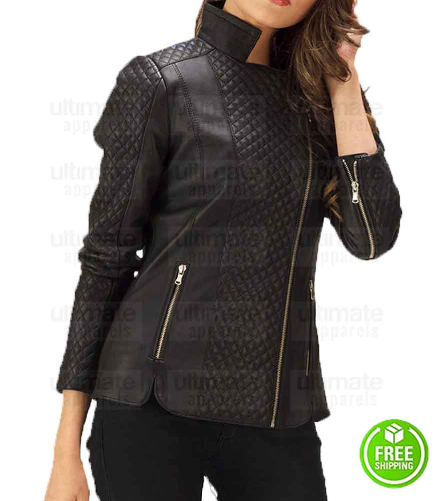 WOMEN BLACK QUILTED MOTORCYCLE LEATHER JACKET