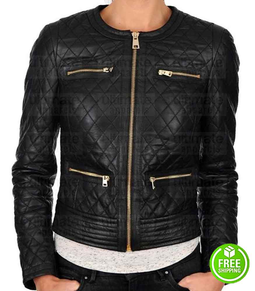 WOMEN BLACK COLLARLESS QUILTED BIKER LEATHER JACKET