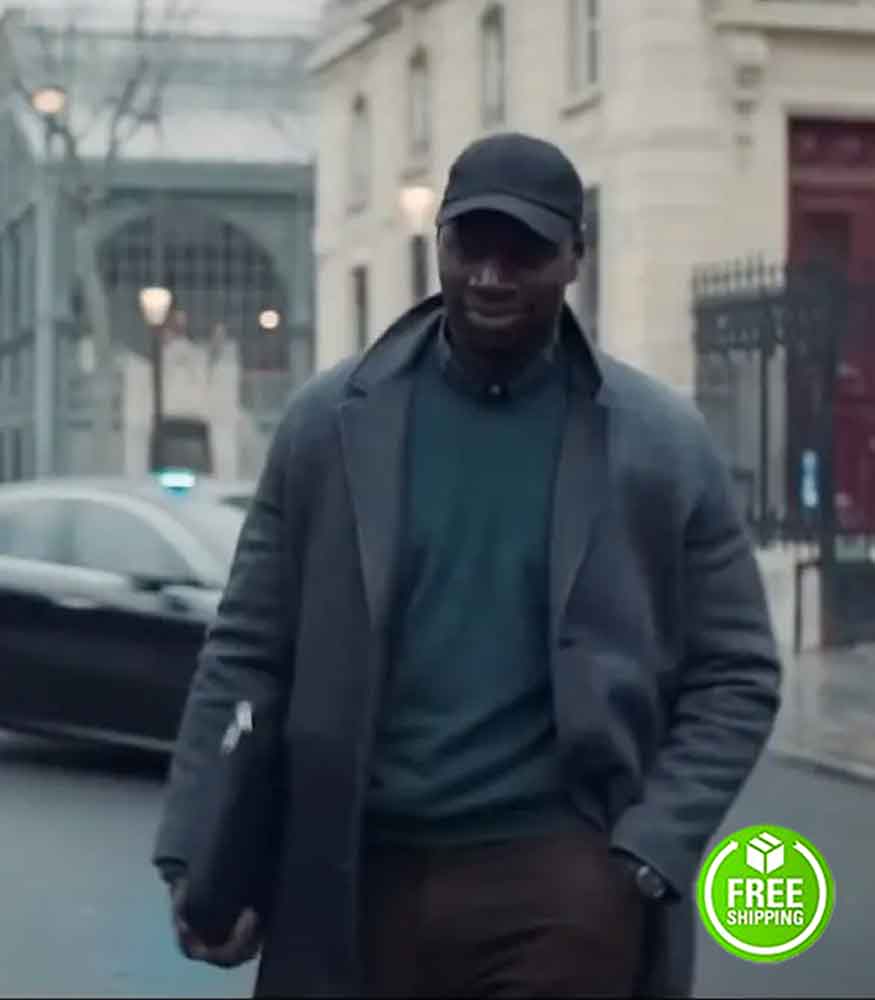 LUPIN OMAR SY (ASSANE DIOP) GREY WOOL COAT