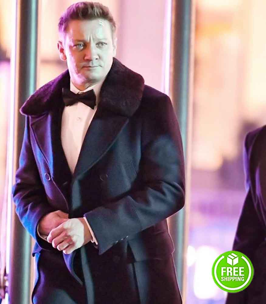 HAWKEYE JEREMY RENNER (CLINT BARTON) FUR COLLAR BLACK WOOL TRENCH COAT