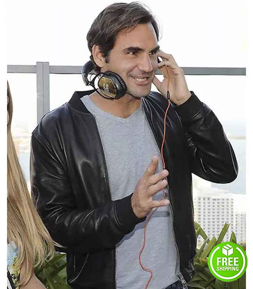 ROGER FEDERER BLACK BOMBER LEATHER JACKET