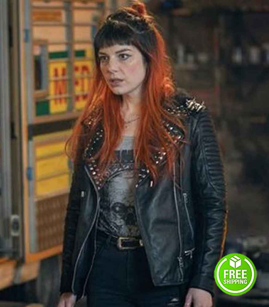 CURFEW AIMEE FFION EDWARDS (RUBY NEWMAN) STUDDED BLACK LEATHER JACKET