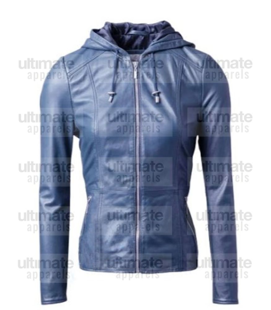 Women's Blue Bomber Leather Hooded Jacket