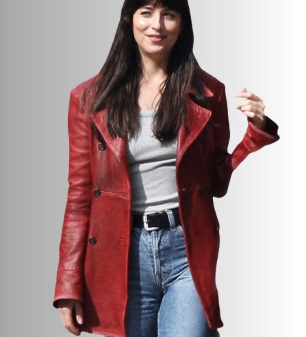 Madame-Web-2023-Dakota-Johnson-(Madame-Web)-Maroon-Leather-pea-Coat (2)