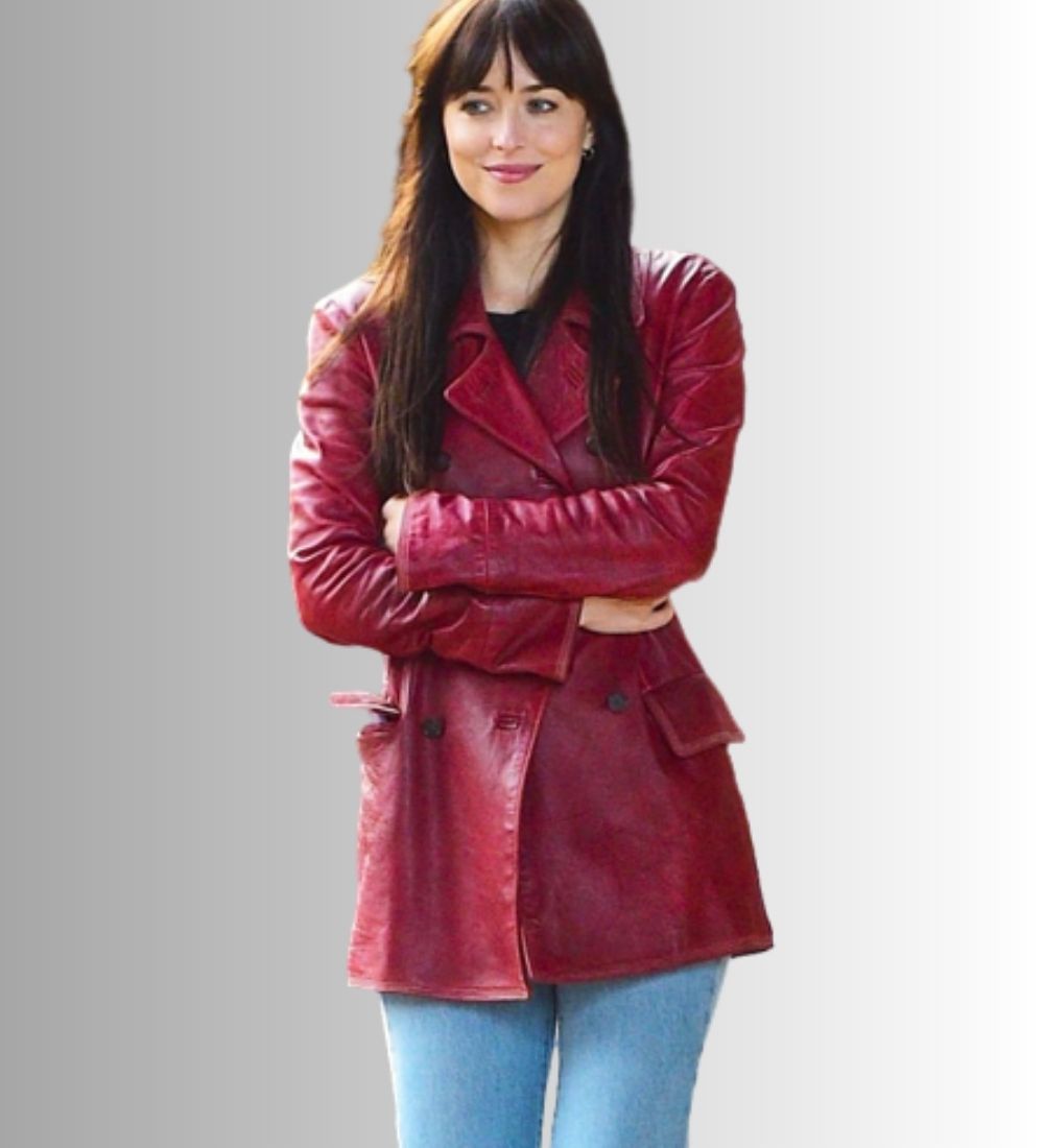 Madame-Web-2023-Dakota-Johnson-(Madame-Web)-Maroon-Leather-pea-Coat