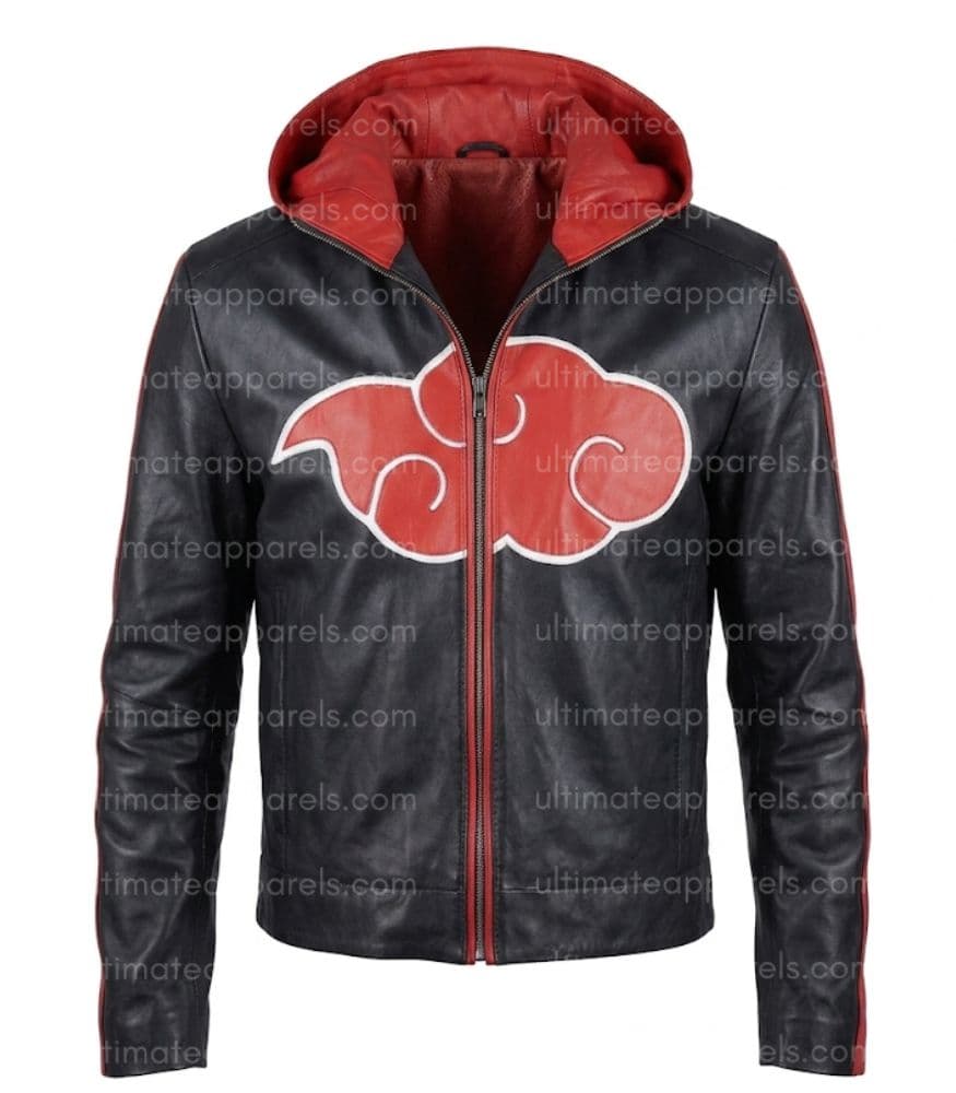 NARUTO AKATSUKI ITACHI UCHIHA BLACK HOODED LEATHER JACKET