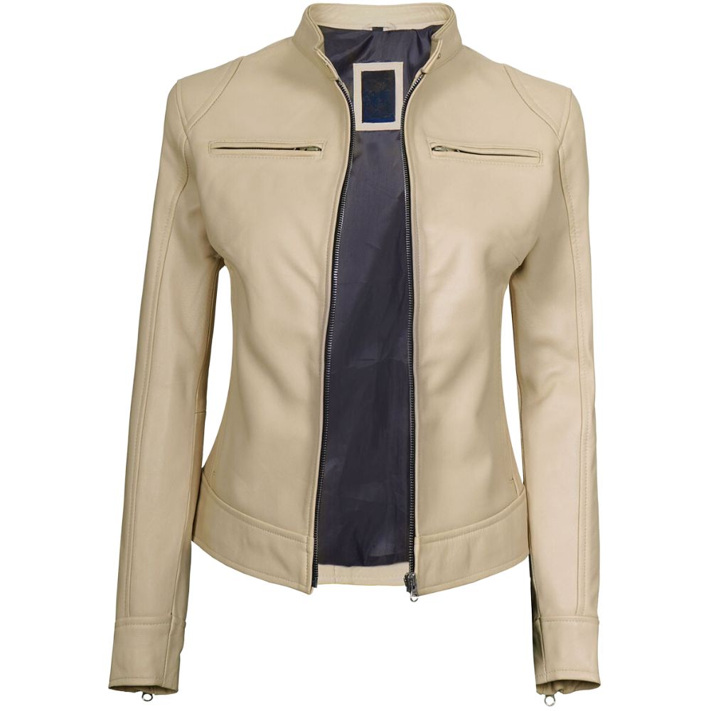Dodge Womens Beige Cafe Racer Leather Jacket