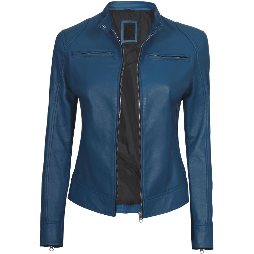 Dodge Womens Blue Cafe Racer Leather Jacket