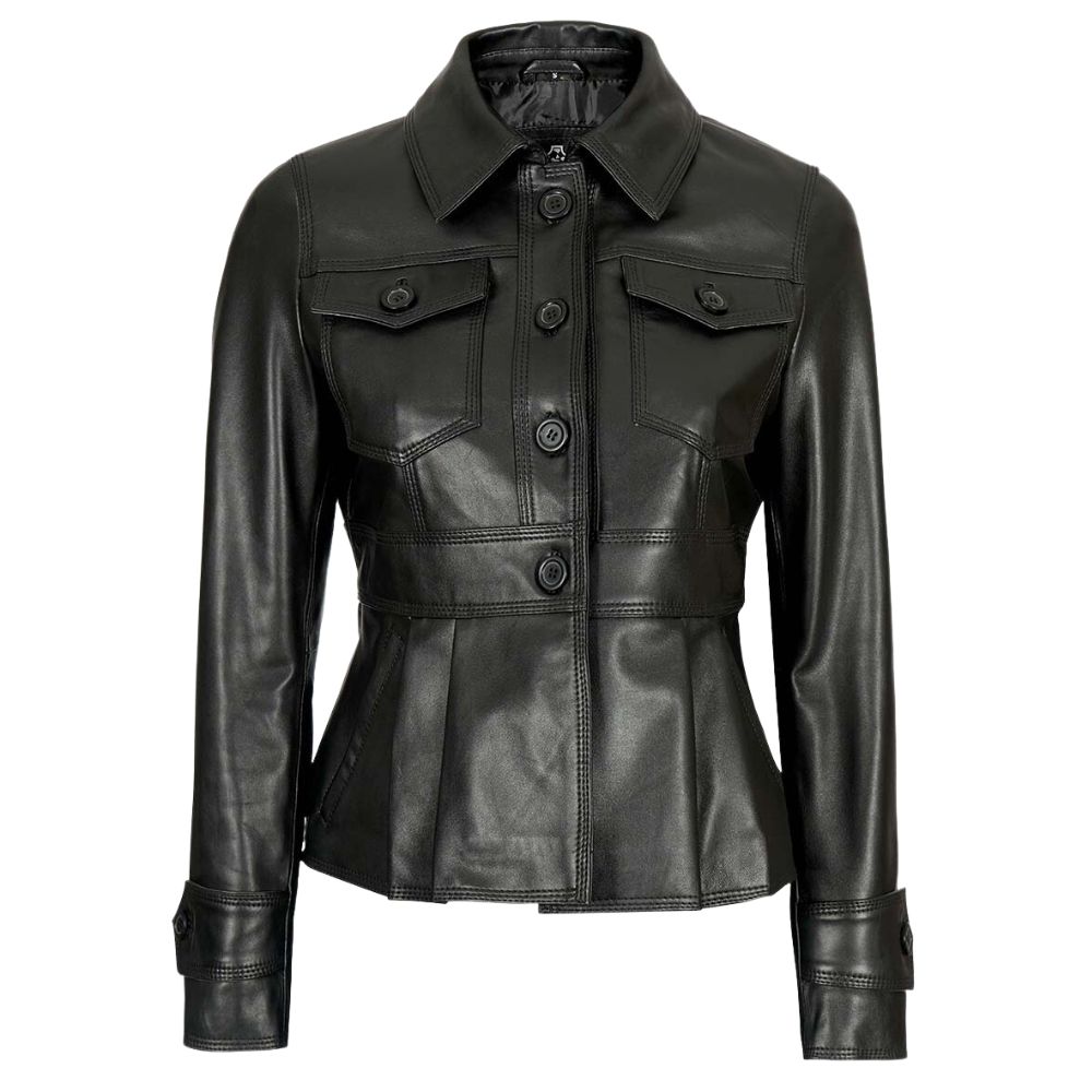 Gladys Women's Body Black Peplum Leather Jacket