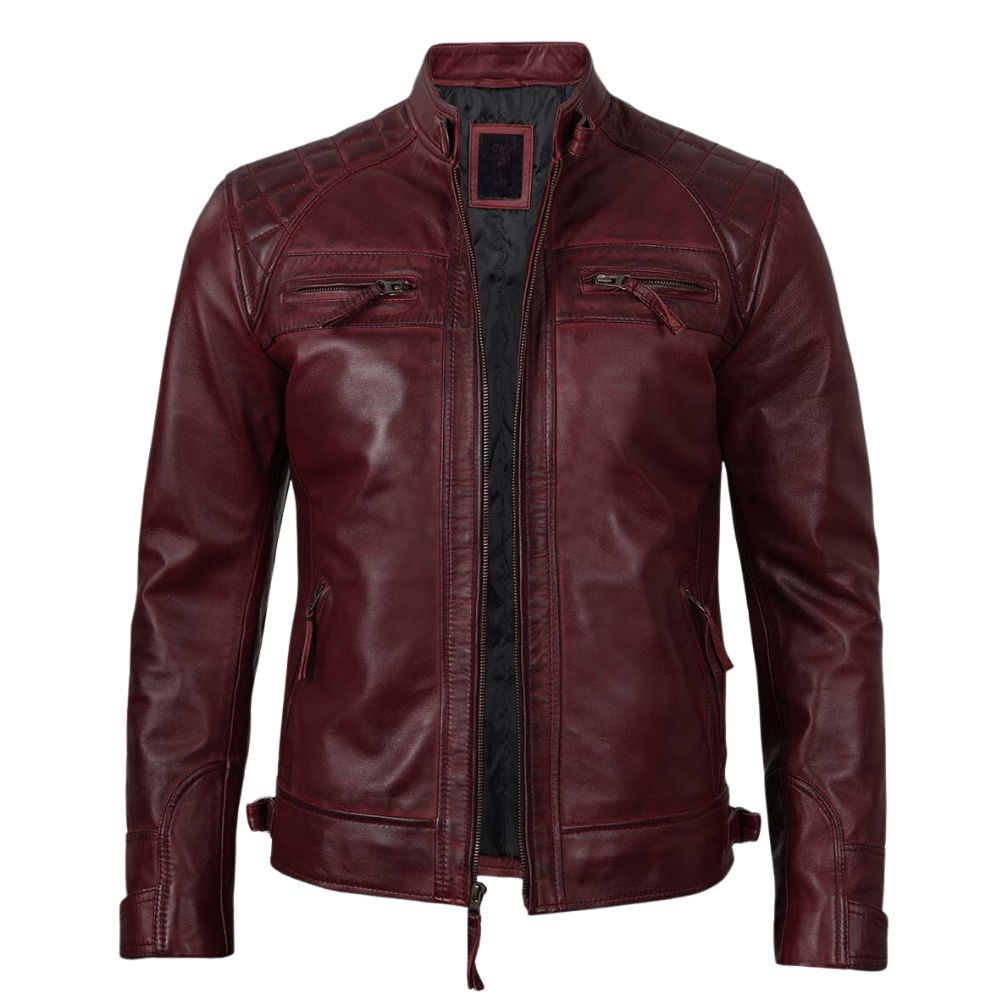 Massachusetts Cafe Racer Men's Maroon Real Leather Jacket
