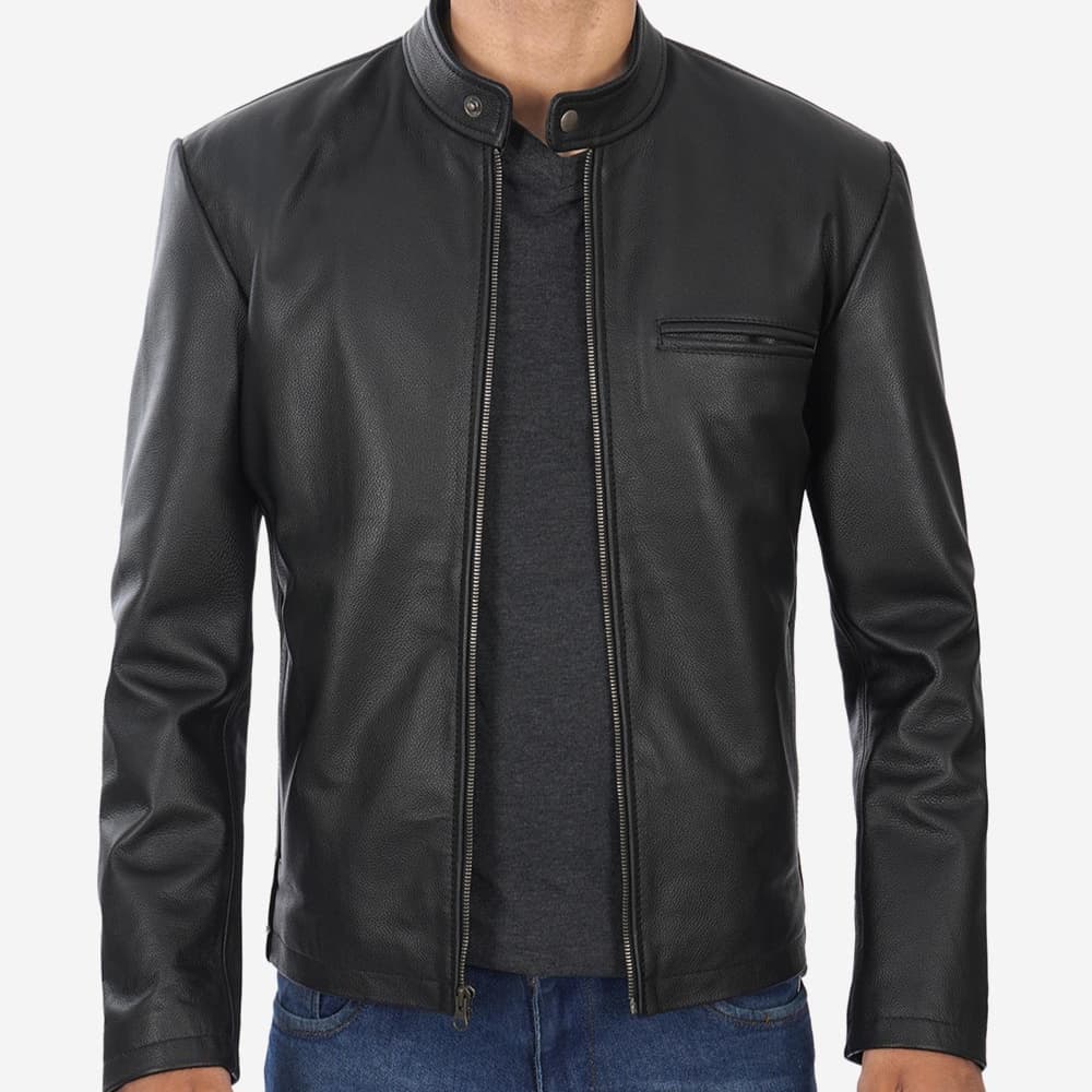 Mens Black Snap Button Collar Cowhide Leather Jacket