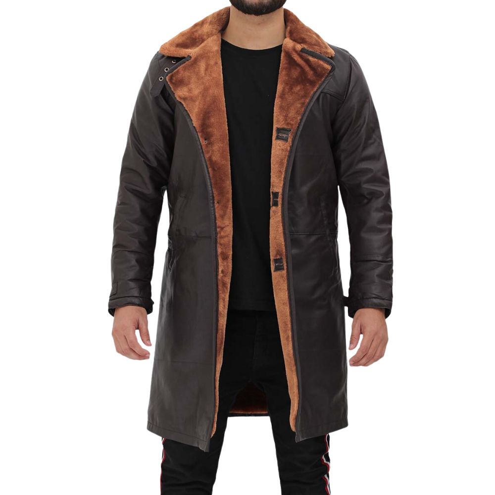 Men's Dark Brown Leather Shearling Trench Coat
