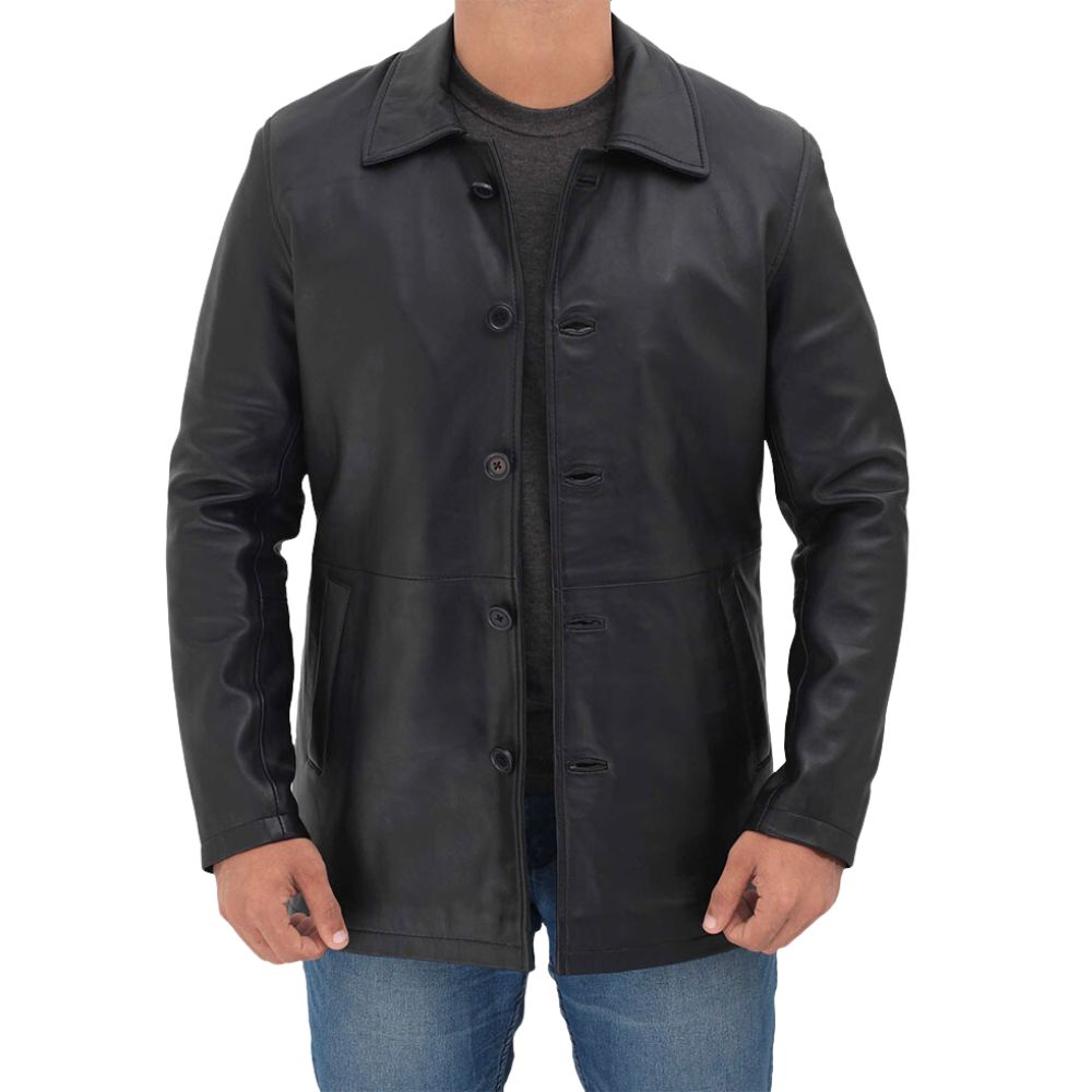 Men's Long Distressed Black Leather Jacket