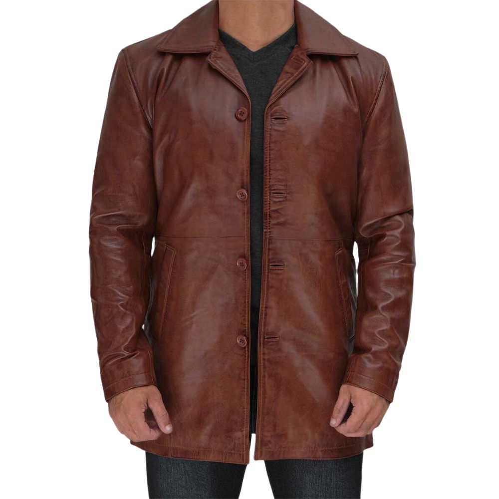 Men's Distressed Tan Leather Car Coat