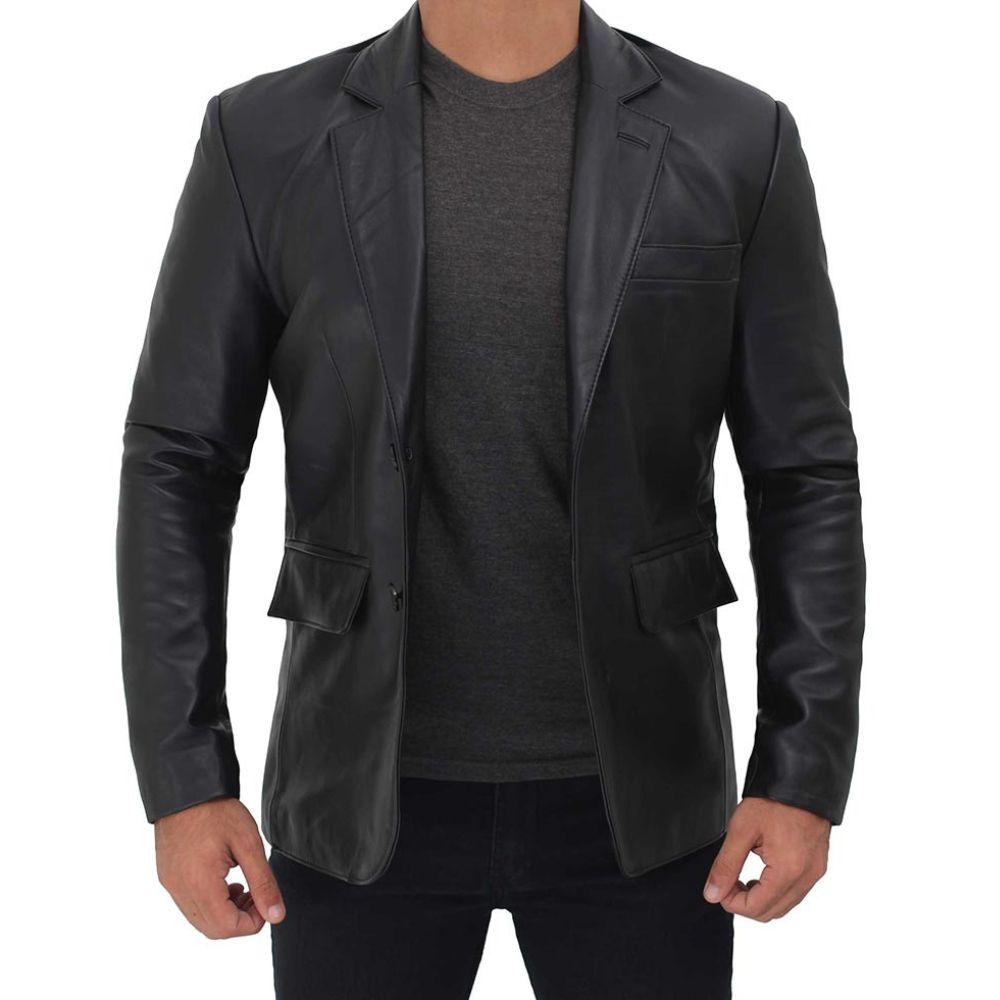 Men's Notch Lapel Black Leather Blazer
