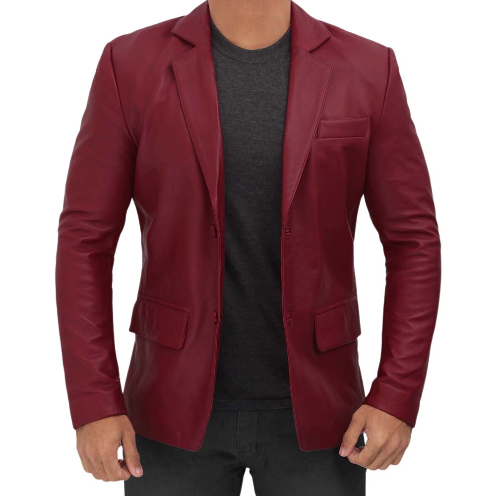 Men's Two Button Maroon Leather Blazer