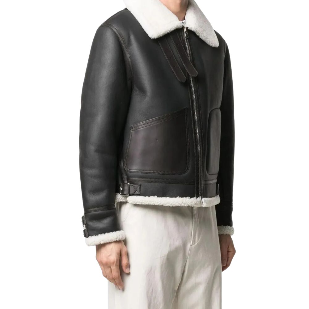 Men’s White Shearling Black Leather Jacket