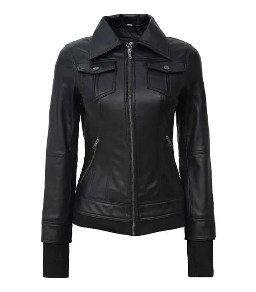 The Celeste Black Bomber Womens Leather Jacket