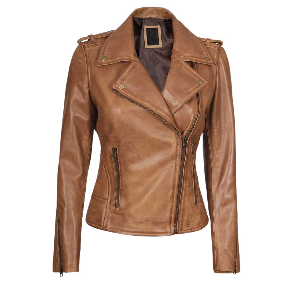 Women's Asymmetrical Leather Camel Brown Biker Jacket