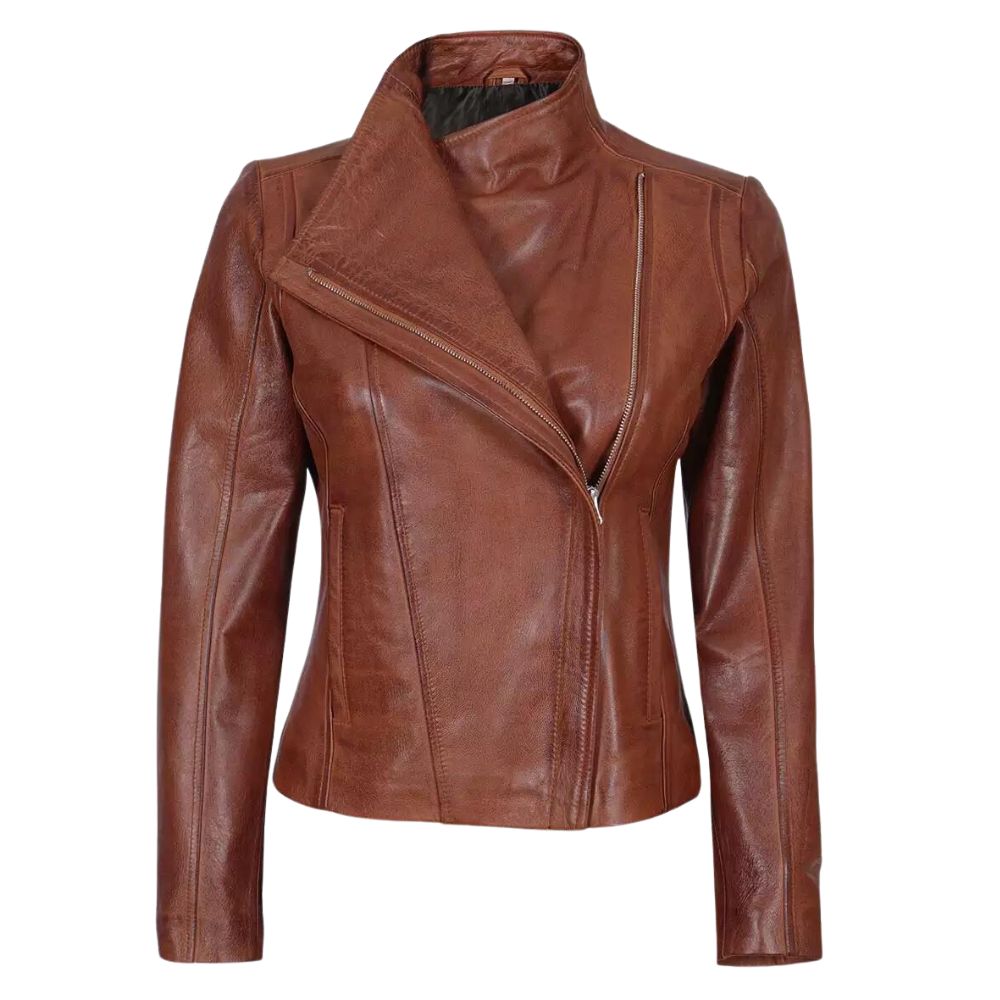 Women Cognac Brown Asymmetrical Leather Biker Jacket