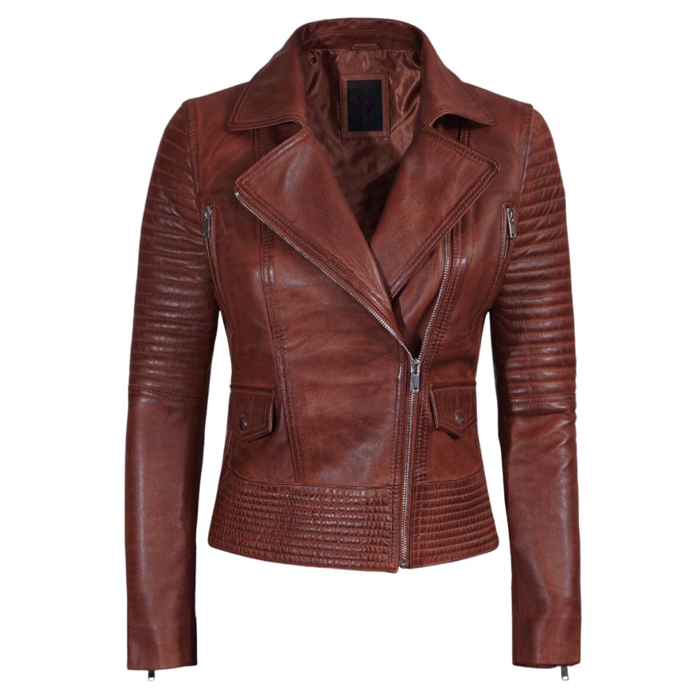 Cognac Brown Womens Asymmetrical Leather Biker Jacket