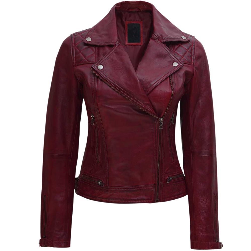 Kimberley Womens Maroon Asymmetrical Leather Biker Jacket