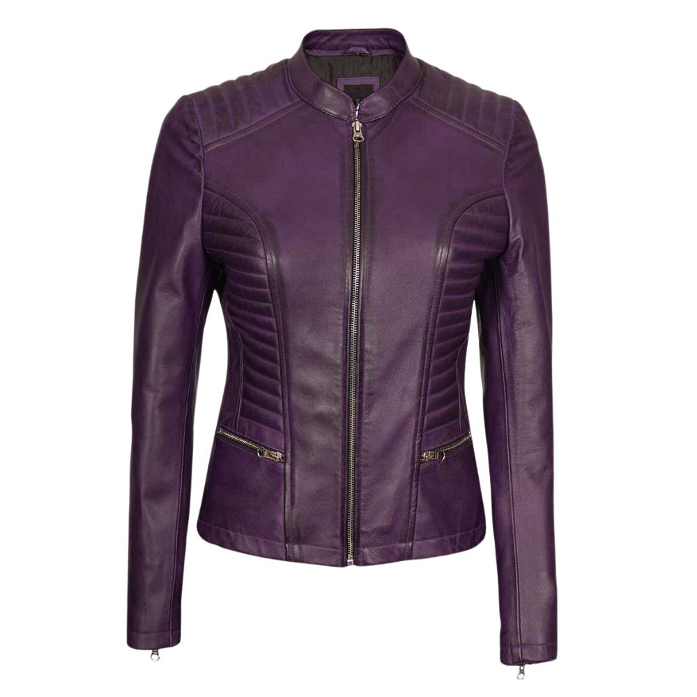 Womens Quilted Purple Leather Moto Jacket