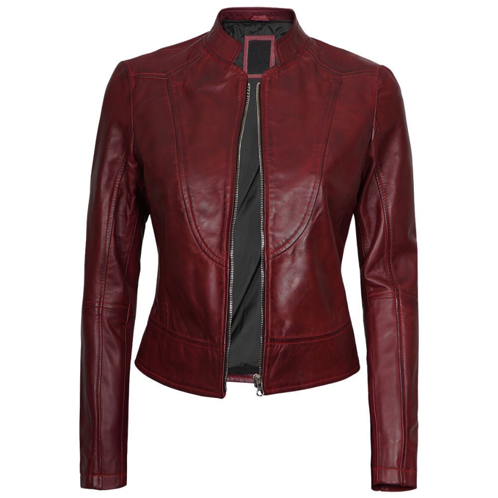 Womens Cafe Racer Slim Fit Maroon Leather Jacket