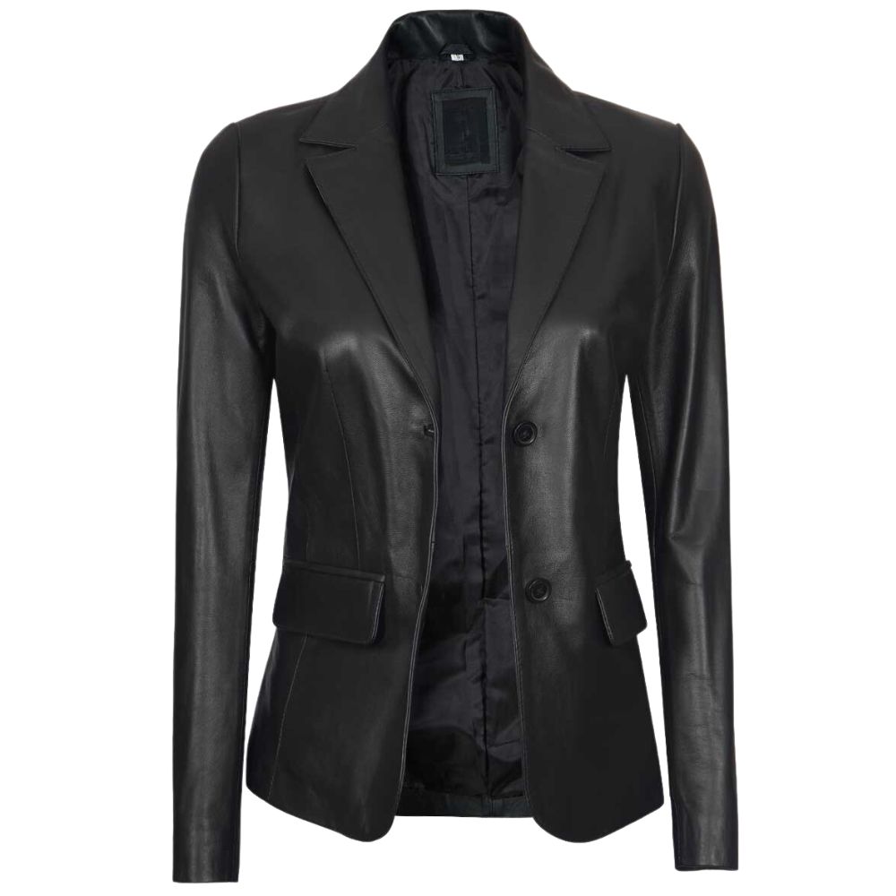 Women's Two Button Black Leather Blazer