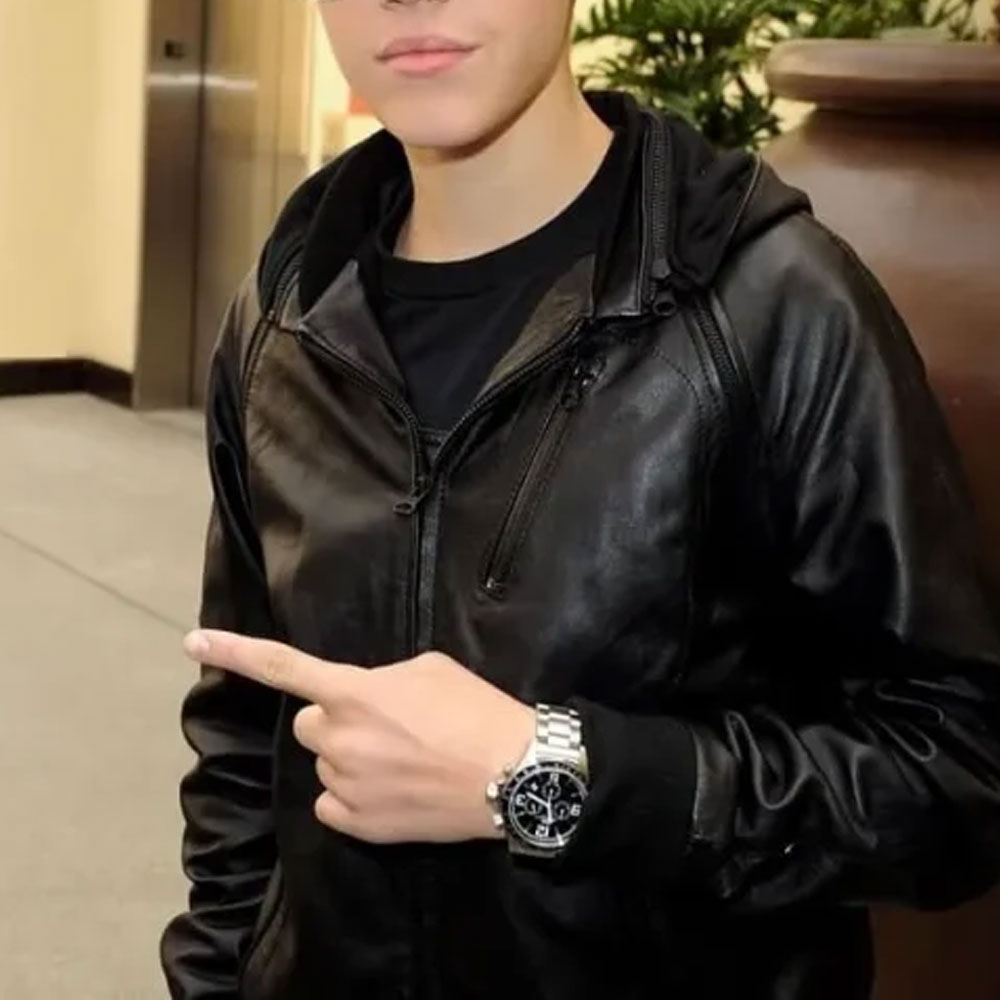 Justin Bieber Black Hooded Bomber Leather Jacket