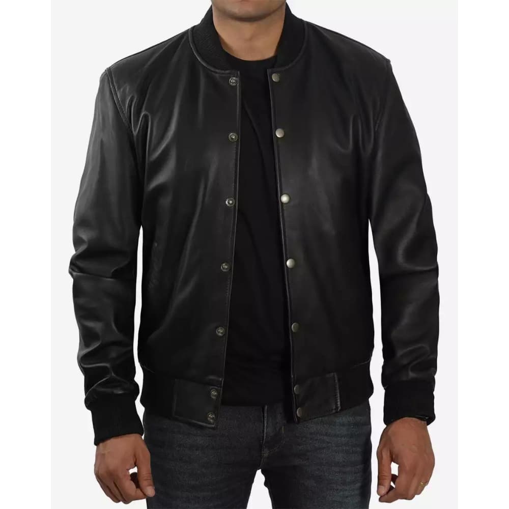 Men's Letterman Black Leather Bomber Jacket