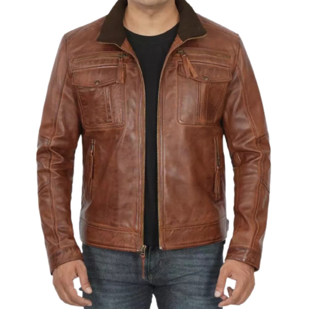 Mens Six Pocket Tan Leather Jacket
