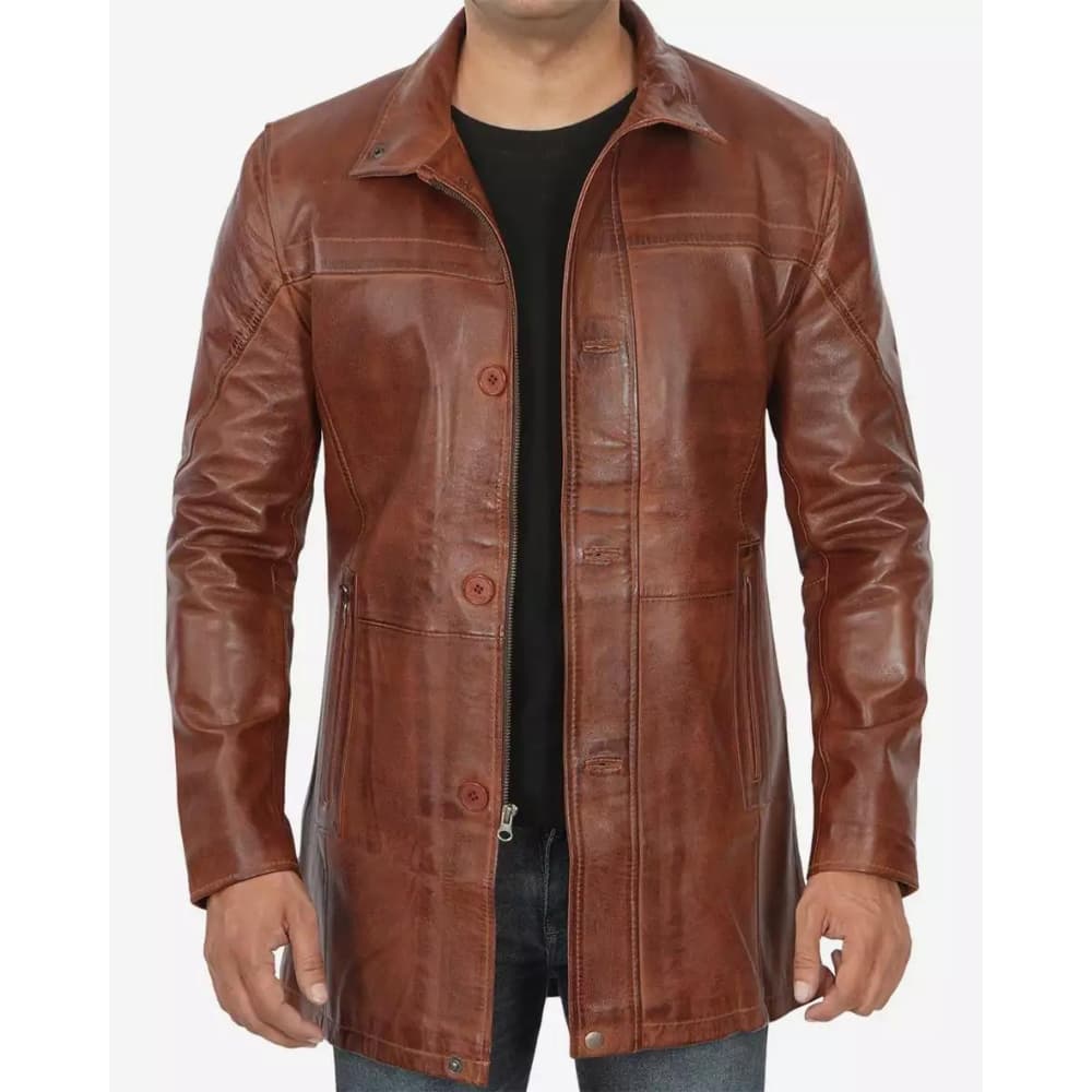 Mens Tall Cognac Waxed Real Leather Car Coat