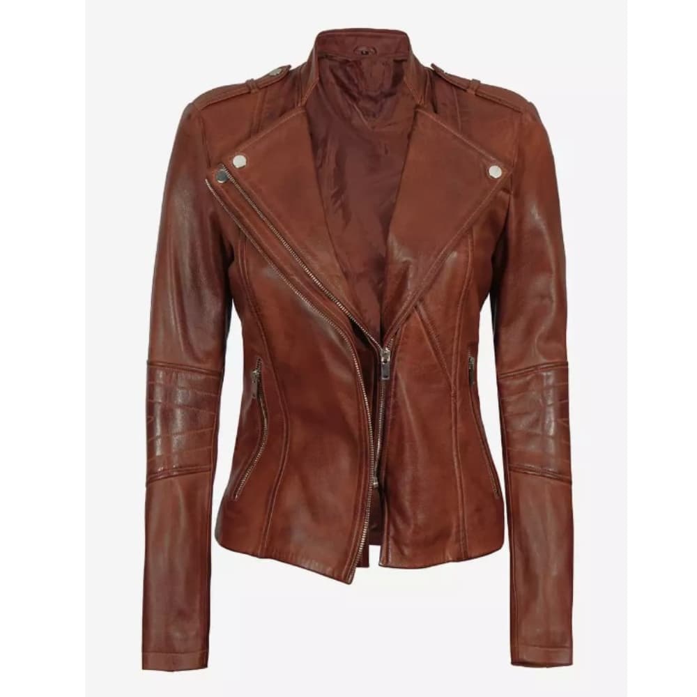 Women's Asymmetrical Cognac Biker Leather Jacket