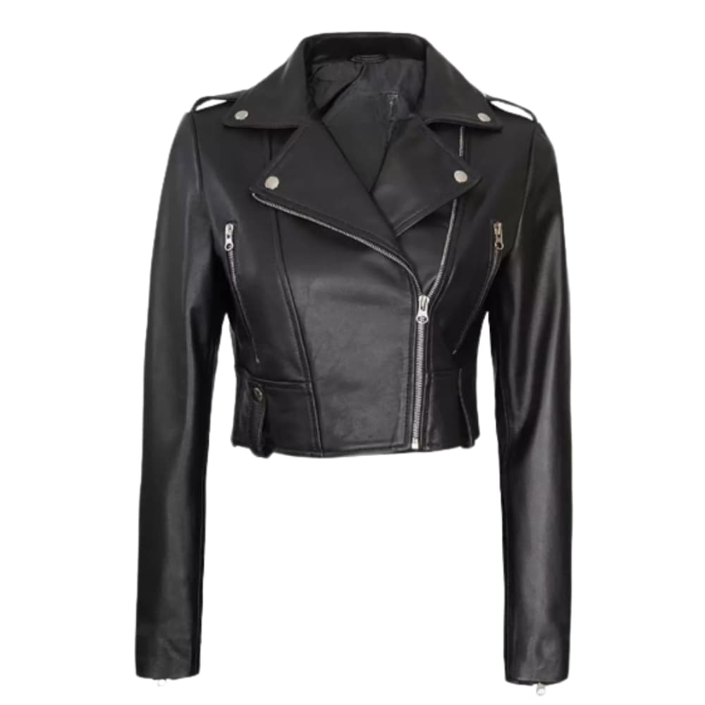 Womens Black Asymmetrical Cropped Leather Jacket