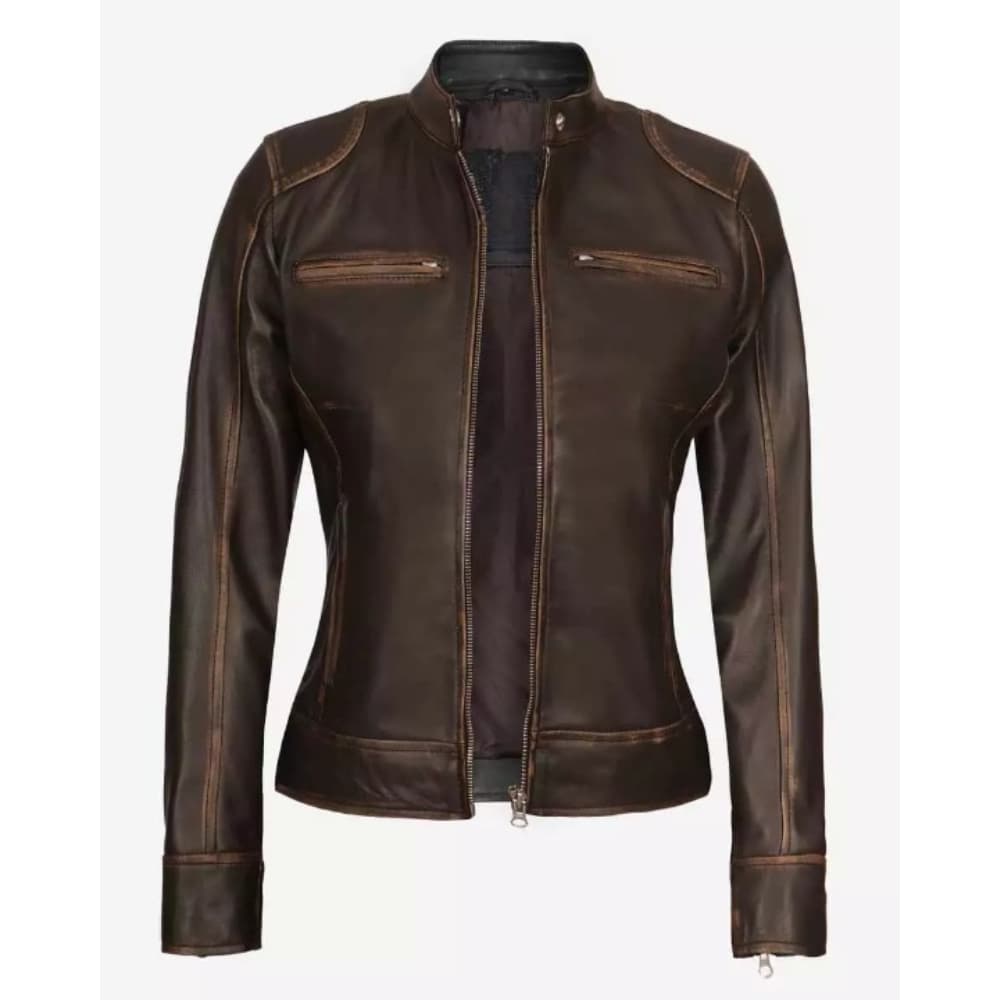 Womens Cafe Racer Slim-Fit Dark Brown Leather Jacket
