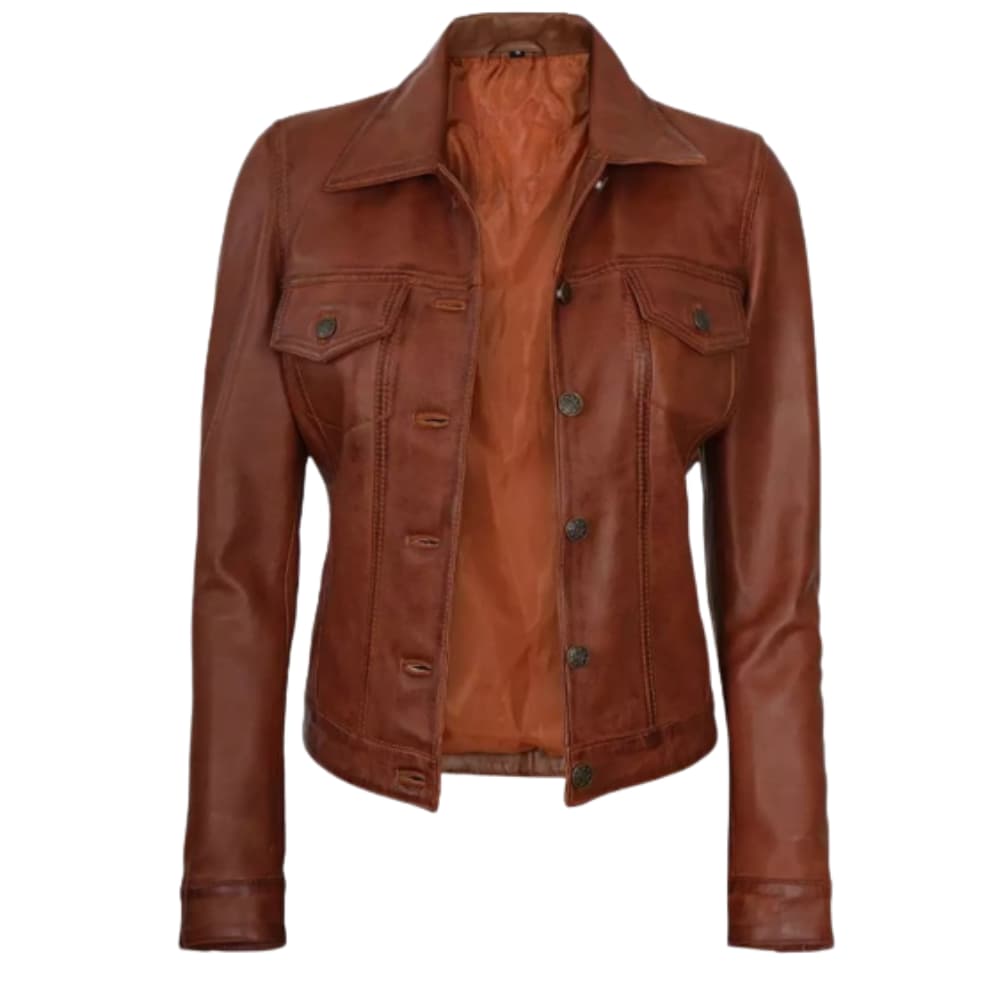Womens Cognac Brown Trucker Leather Jacket