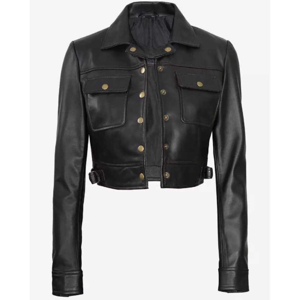 Womens Cropped Black Trucker Leather Jacket