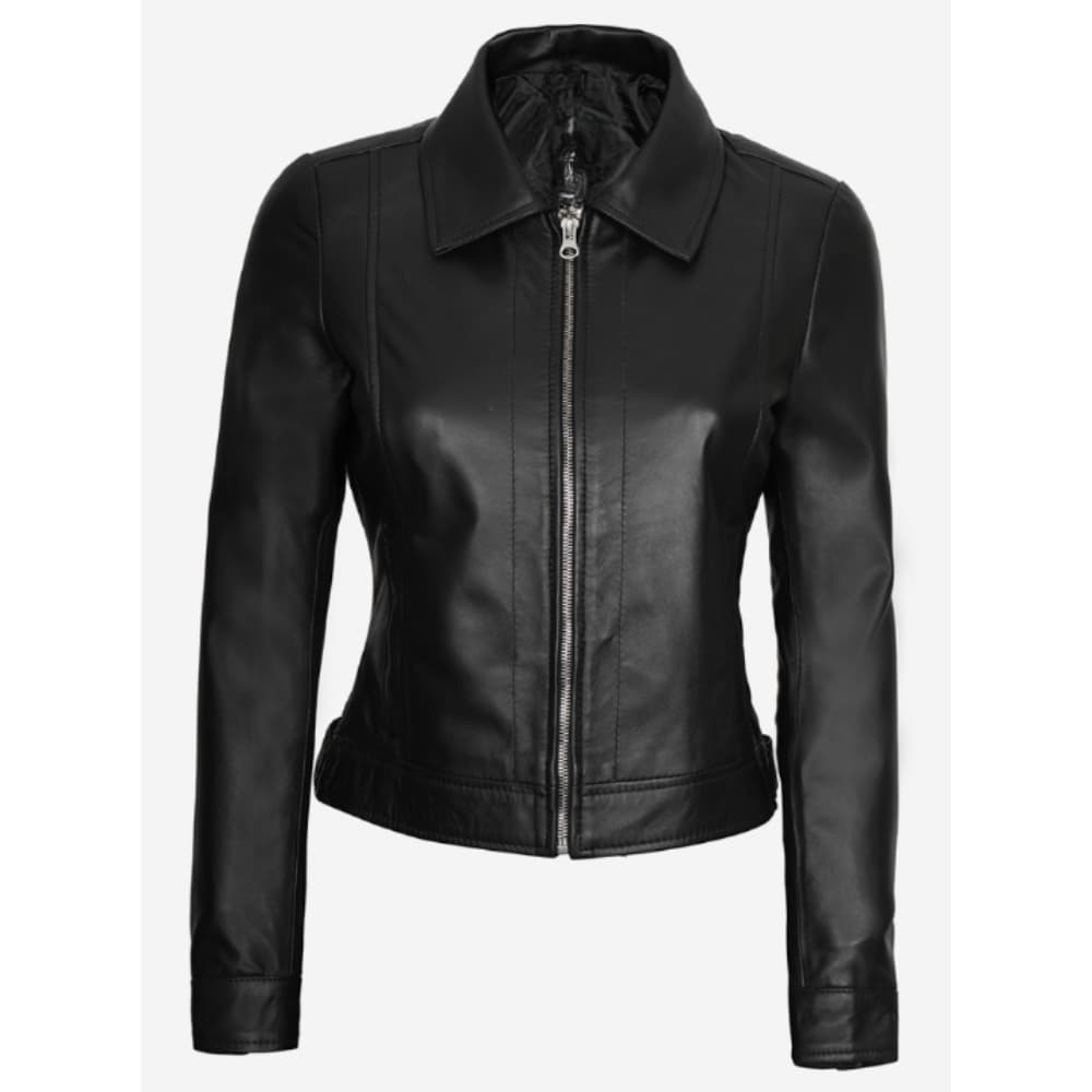 Womens Black Shirt Collar Harrington Leather Jacket