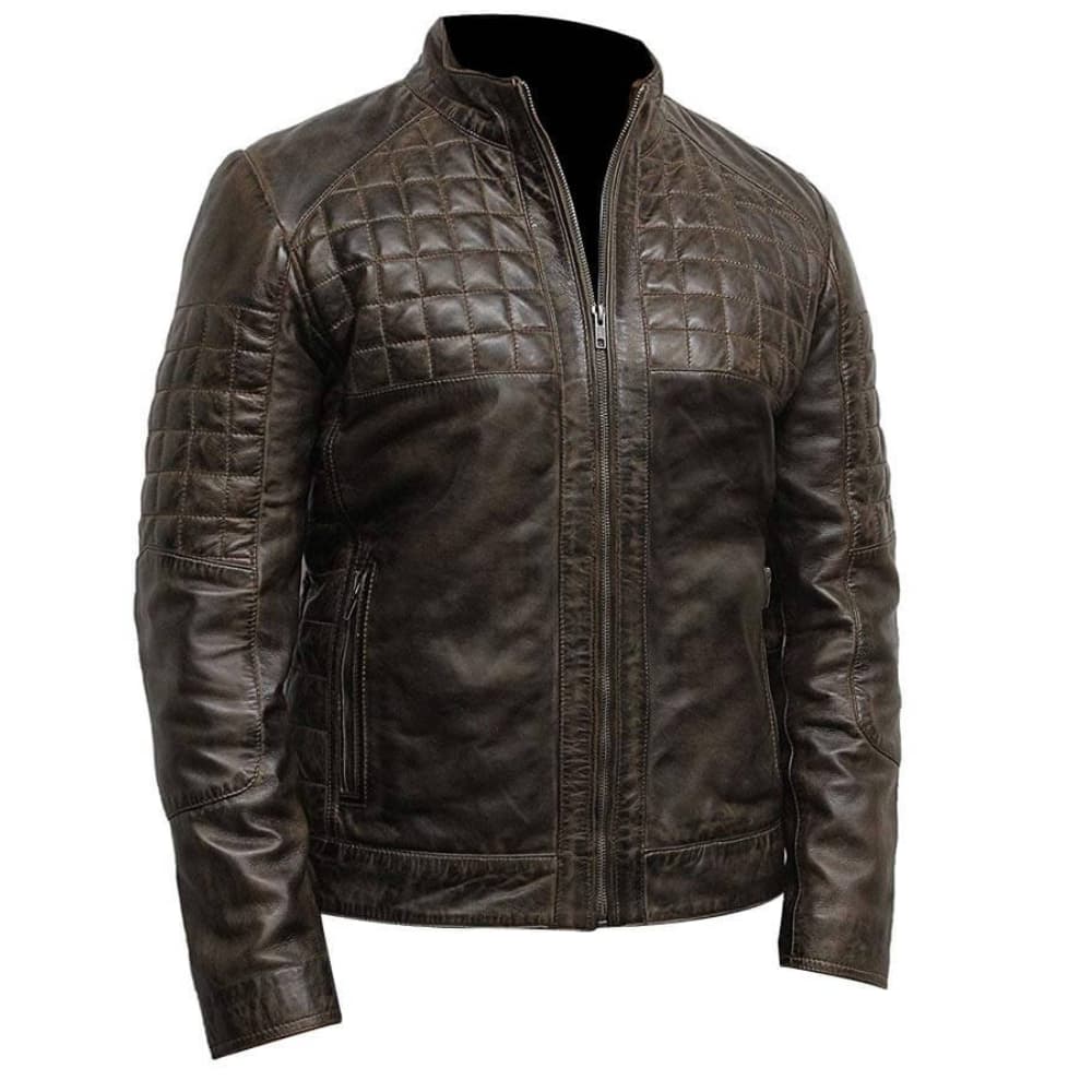 Mens Cafe Racer Quilted Brown Leather Jacket