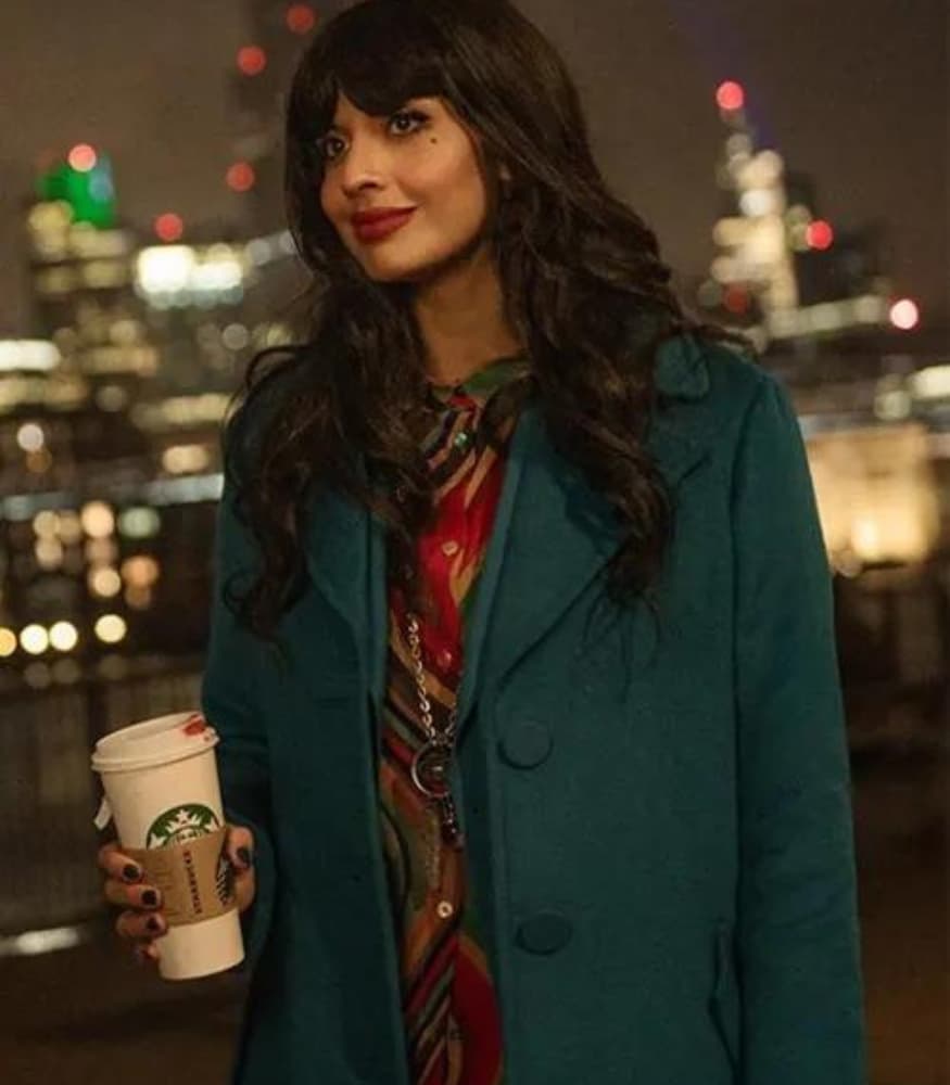 Love At First Sight 2023 Jameela Jamil Green Wool Coat