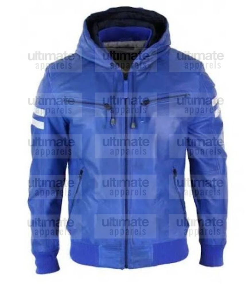 Men's Blue Bomber Leather Hooded Jacket