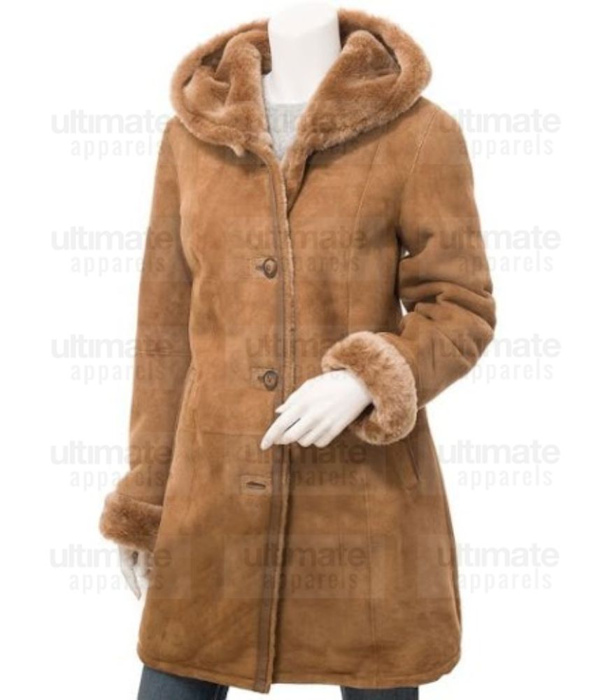 Women's Tan Shearling Dark Brown Parka Trench Coat