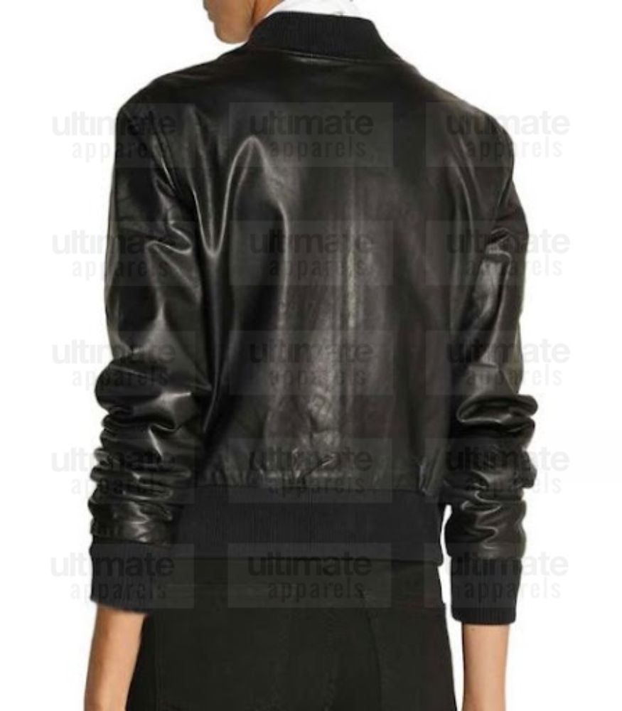 Two Pockets Black Bomber Leather Jacket For Women
