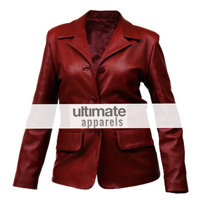 Women Dark Red Fitted Leather Blazer Short Coat